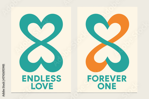 Abstract Heart Banners. Union. Two vertical A6 banners with safe margins, centered composition, no elements touching edges, geometric style, turquoise and