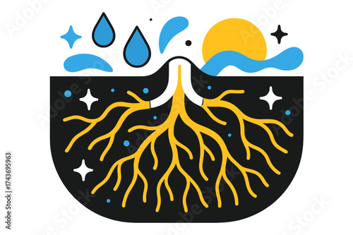 Glowing Underground Roots. Underground roots. A cross-section showing glowing roots beneath the earth, abstract symbols of water drops and light floating