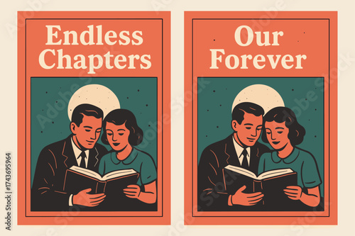 Endless Chapters, Our Forever. Togetherness. Two vertical A6 banners with safe margins, centered composition, no elements touching edges, retro style, coral