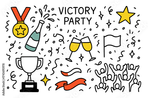 Festive Celebration Doodle. Victory Party. Hand-drawn doodle illustration medal (colored), champagne spray (colored), trophy, glasses clinking (colored),