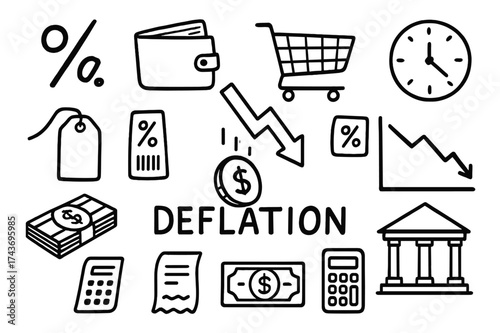 Deflation Symbols Doodle. Deflation. Hand-drawn doodle illustration Deflation falling coin, down arrow, percentage sign, empty wallet, shopping cart, price