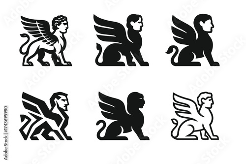Chimera Logo Variations. A mythical creature blending human and animal features. Set Logo of chimera hybrid: composite of human, bird, and beast. harmonious