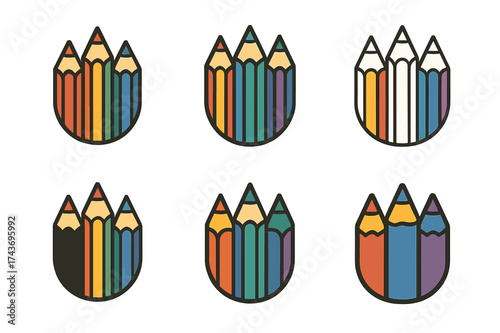 Art Studio Logos. Studio corner with art supplies. Set Logo of Art studio: colored pencils. harmonious logo variations of the same emblematic concept, each