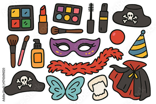 Festive Makeup and Costumes. Makeup and costumes. Colorful Hand-drawn doodle Children illustration Face paint, lipstick, eyeshadow, mascara, makeup brushes,