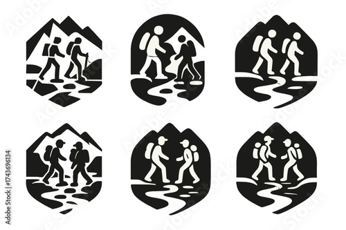 Hiking Logo Variations. Friends hiking in the mountains, enjoying nature and the outdoors together. Set Logo of river crossing: hikers stepping on rocks across