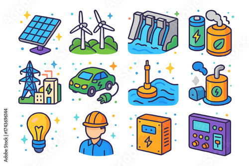 Technological Innovation Icons. Technological innovation. Colorful isometric vector icons set of technological innovation: solar panels, wind turbines,