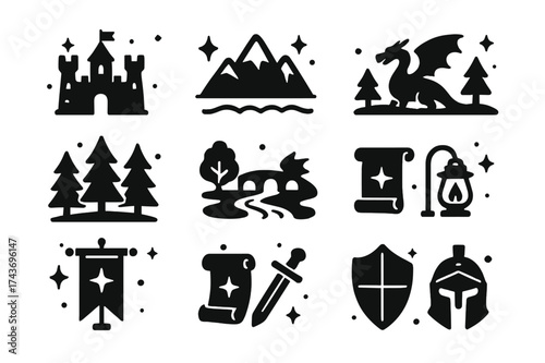 Fantasy Icon Collection. Fantasy Landscapes. Solid icons set of Fantasy Landscapes: Castle, Mountain, Bridge, Forest, River, Dragon, Banner, Scroll, Lantern,