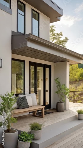 Wallpaper Mural Small modern house with a sleek porch, clean lines, neutral color palette, potted plants and a bench, minimalist design, soft daylight, set in a natural landscape Torontodigital.ca