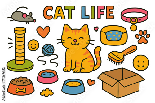 Cat Life Doodles. Cat life. Colorful Hand-drawn doodle Children illustration Cat life cat, scratching post, toy mouse, yarn ball, litter box, food bowl, water