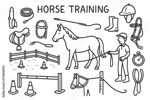 Horse Training Essentials. Horse Training. Hand-drawn doodle illustration Horse Training riding arena, cones, lunge line, whip, saddle, bridle, helmet, boots,