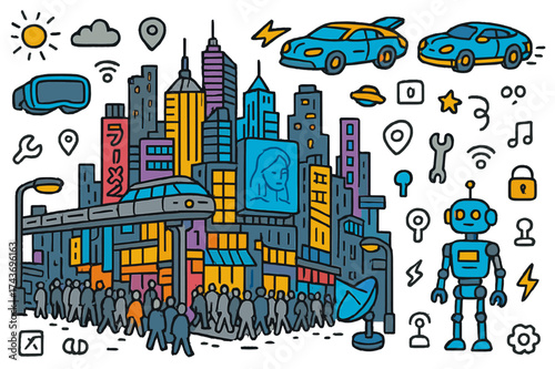 Vibrant Cyberpunk Cityscape. Cyberpunk Cityscape. Hand-drawn doodle illustration skyscrapers (colored), neon signs, flying car (colored), hologram billboard,