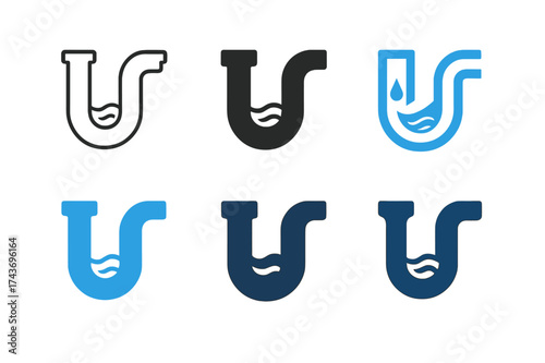 Pipe Flow Logos. Drain cleaning chemicals. Set Logo of pipe flow: stylized U-pipe with flowing liquid. harmonious logo variations of the same emblematic