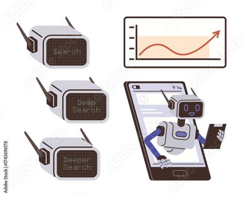 Robots labeled with search stages conducting analysis, smartphone displaying data chart. Ideal for technology, AI innovation, automation, research, data trends, progress tracking, simple flat