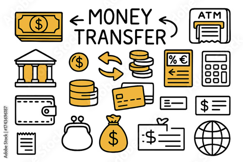 Financial Elements Doodle. Money Transfer. Hand-drawn doodle illustration money transfer currency notes (accented), coins, bank building (accented), wallet,