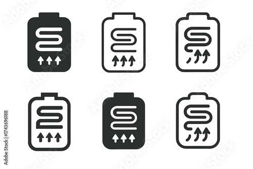 Energy Storage Logos. Thermal energy storage. Set Logo of Energy: thermal coil in tank icon. harmonious logo variations of the same emblematic concept, each