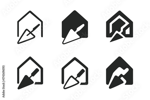 Mortar Trowel Logos. Mortar Trowel. Set Logo of Mortar Trowel: house outline. harmonious logo variations of the same emblematic concept, each with different