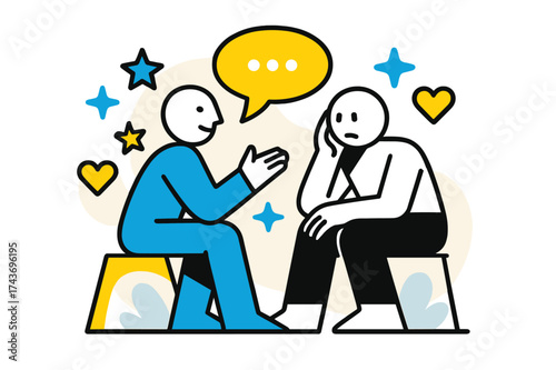 Empathy in Illustration. Guiding words. A figure with a glowing speech bubble offering calm advice while another listens, abstract floating stars and hearts