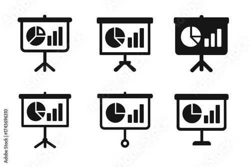 Creative Logo Variations. Students making presentations and projects. Set Logo of projector screen: chart and graphs displayed. harmonious logo variations of