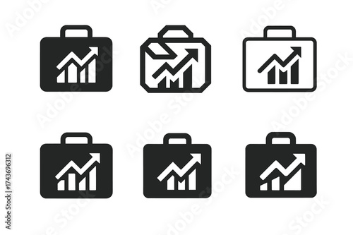 Upskilling Logos Grid. Workforce upskilling via mobile apps. Set Logo of Workforce upskilling via mobile apps: Corporate briefcase with upward graph.