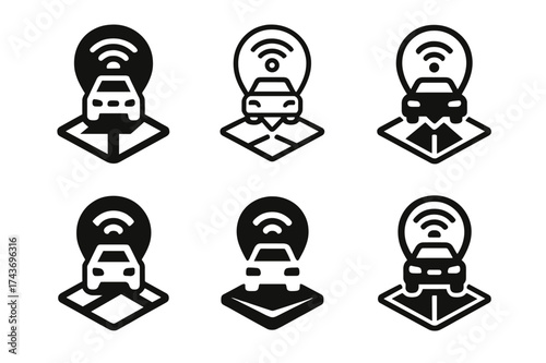 Self-Driving Car Logos. self-driving cars. Set Logo of self-driving cars: HD Map & Route Pin. harmonious logo variations of the same emblematic concept, each