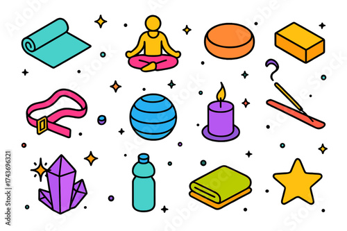 Colorful Yoga Icons. Yoga Flow. Colorful isometric vector icons set of yoga flow: yoga mat, lotus pose figure, meditation cushion, block, stretching strap,