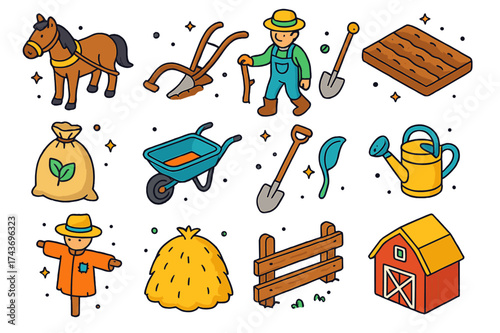 Horse Plowing Icon Set. Horse-Drawn Plow. Colorful isometric vector icons set of a Horse-Drawn Plow working in a field of soil ready for planting: horse,