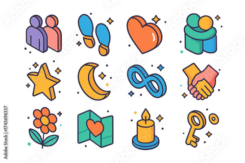 Shared Journey Icons. Shared Journey. Colorful isometric vector icons set of shared journey: couple silhouette, footsteps, heart, hug, star, moon, infinity