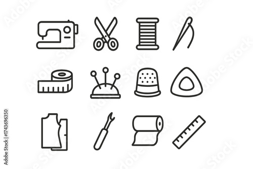 Tailoring Tool Icons. Tailoring tools. Line icon set of Tailoring tools: sewing machine, scissors, thread spool, needle, measuring tape, pins, thimble, chalk,
