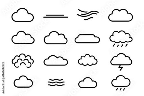 Cloud Icon Set. Cloud Types. Line icon set of Cloud Types: cumulus, stratus, cirrus, nimbostratus, cumulonimbus, altocumulus, altostratus, cirrostratus,