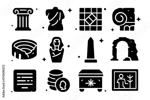 Ancient Ruins Icons. Ancient ruins excavations. Solid icons set of temple column, broken statue, mosaic tile, carved stone, amphitheater, sarcophagus, obelisk,