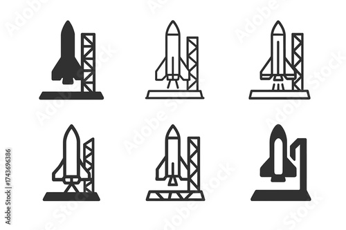 Rocket Launch Logos. Rocket launches. Set Logo of launch pad: rocket standing on platform with support structure. harmonious logo variations of the same