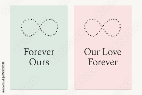 Eternal Love Banners. Eternal. Two vertical A6 banners, minimal, pastel mint and pink backgrounds, elegant infinity heart made of tiny stars, first banner with