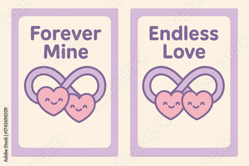 Kawaii Hearts Banners. Love. Two vertical A6 banners with safe margins, centered composition, no elements touching edges, kawaii style, lavender and cream,