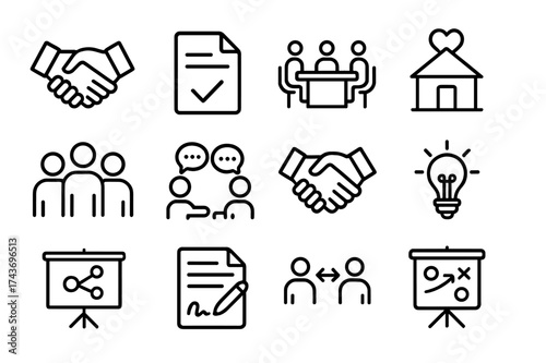 Nonprofit Icons Grid. Nonprofit collaboration. Line icon set of Nonprofit collaboration: handshake, agreement document, meeting table, community center,