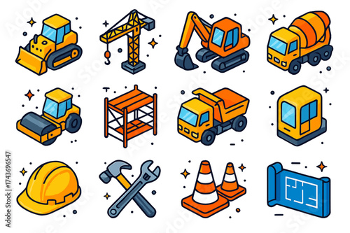 Colorful Construction Icons. Heavy construction. Colorful isometric vector icons set of heavy construction: bulldozer, crane, excavator, cement mixer, road