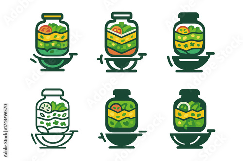 Colorful Salad Logos. Preparing a colorful salad with a variety of vegetables. Set Logo of Preparing a colorful salad with a variety of vegetables: Layered