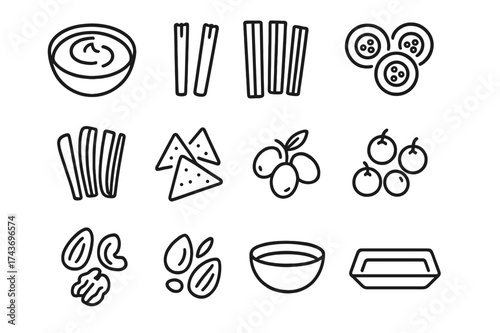 Healthy Snack Icons. Healthy snacks. Line icon set of Healthy snacks: hummus, carrot sticks, celery sticks, cucumber slices, bell pepper strips, pita chips,