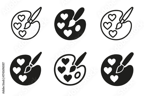 Creative Friendship Logos. Friendship and self-expression. Set Logo of Friendship and self-expression: Paint palette with brush and hearts. harmonious logo