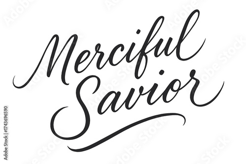 Merciful Savior Lettering. Merciful Savior ? Script Hand-Lettering, flowing semi-cursive brush style with thin connectors, tilted diagonal composition,