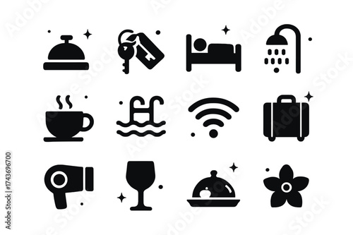 Hotel Amenities Icons. Hotel amenities. Solid icons set of Hotel amenities: reception bell, room key, bed, shower, coffee cup, swimming pool, Wi-Fi symbol,