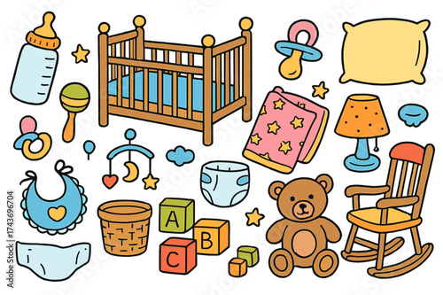Nursery Essentials Doodle. Nursery. Colorful Hand-drawn doodle Children illustration Crib, baby bottle, rattle, pacifier, blanket, night lamp, rocking chair,