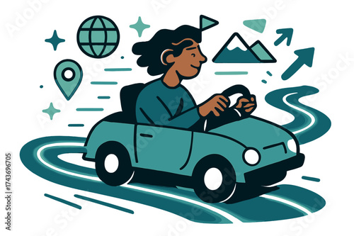 Glowing Road Trip. Solo road trip. Glowing traveler driving car along abstract glowing roads, floating geometric icons and light trails emphasizing exploration