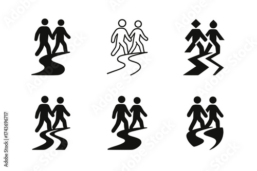 Journey Logo Variations. Strengthening relationships through shared experiences. Set Logo of shared journey: people walking along a winding path. harmonious