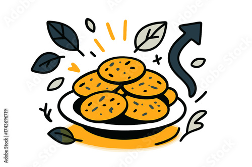 Herb-Infused Cookie Delight. Herb cookies. A glowing plate of freshly baked cookies with visible herbs, floating abstract leaves and soft light highlighting
