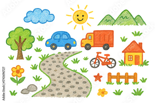 Colorful Gravel Path Scene. Gravel Road. Colorful Hand-drawn doodle Children illustration gravel path, car, truck, bicycle, tree, grass, sun, cloud, mountain,