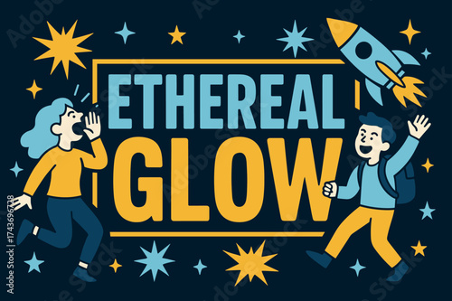 Ethereal Celebration Banner. Ethereal Glow banner, flat vector illustration, bold oversized text inside rectangular frame, cartoon characters shouting and