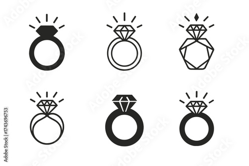 Elegant Diamond Logos. Luxury accessories for men and women. Set Logo of diamond ring: gemstone ring with brilliance lines. harmonious logo variations of the