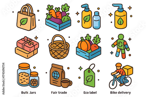 Sustainable Trade Icons. Sustainable trade. Colorful isometric vector icons set of sustainable trade: reusable bag, organic vegetables, eco-friendly packaging,