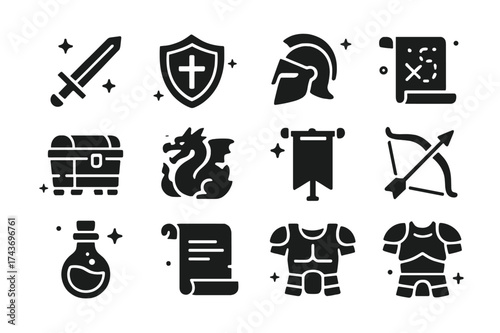Heroic Journey Icons. Heroic Journey. Solid icons set of Heroic Journey: Sword, Shield, Helmet, Map, Treasure Chest, Dragon, Banner, Bow, Arrow, Potion,