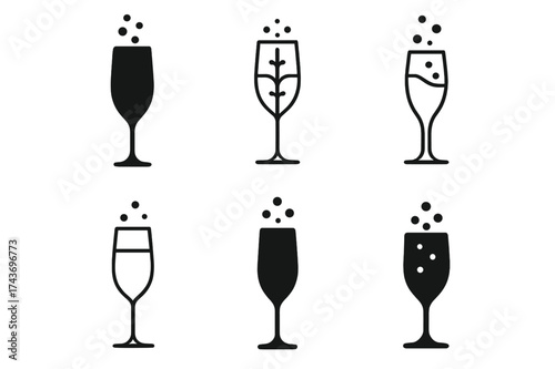 Digital Champagne Logos. Digital champagne flute services. Set Logo of Digital champagne flute services: sparkling bubbles. harmonious logo variations of the